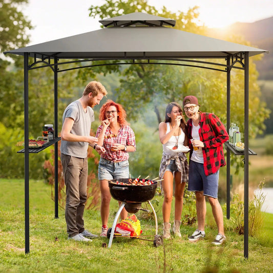 Grill Gazebo 8 x 5 ft DirectDeals black metal frame gray canopy with shelves and hooks on Tampa Home & Garden Store