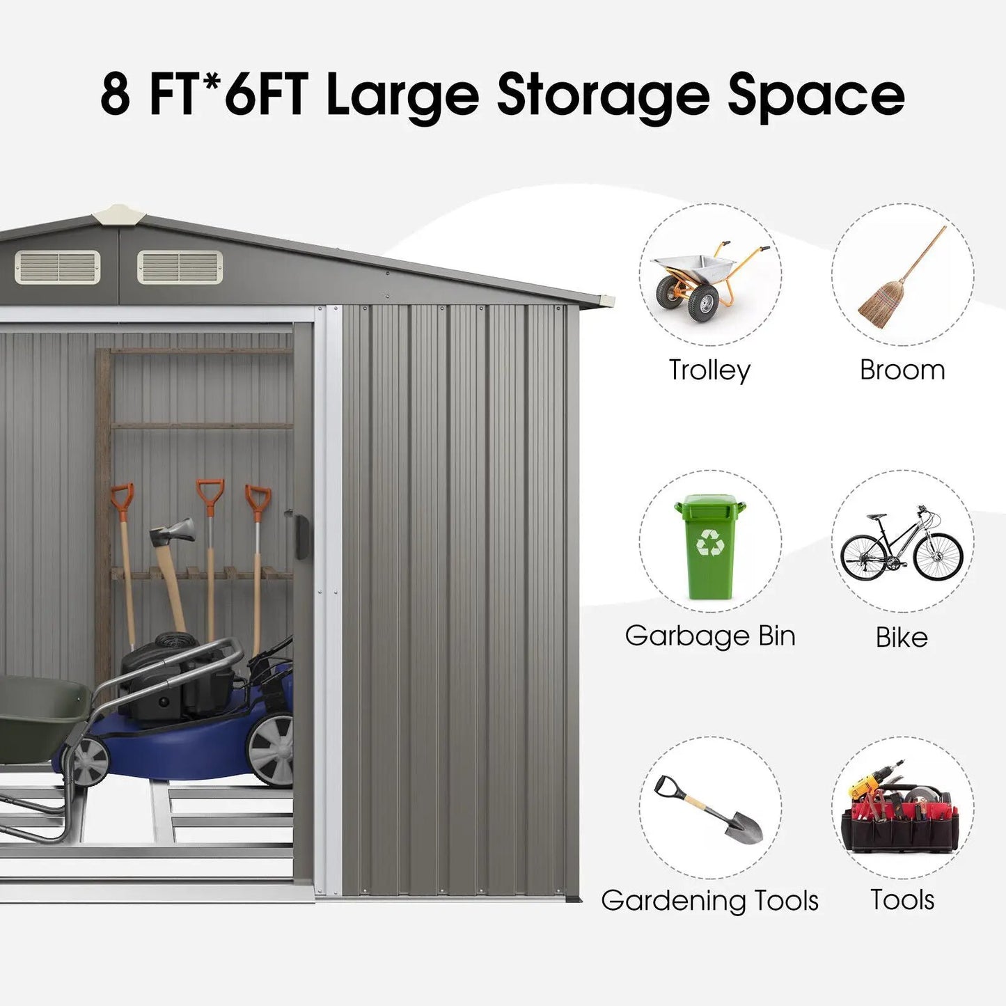Galvanized steel storage shed gray 8 x 6 ft with interior shelves on Tampa Home & Garden Store