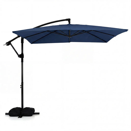Blue 8x8 ft offset cantilever patio umbrella with 360 rotation, crank, black pole base weights on Tampa Home & Garden Store