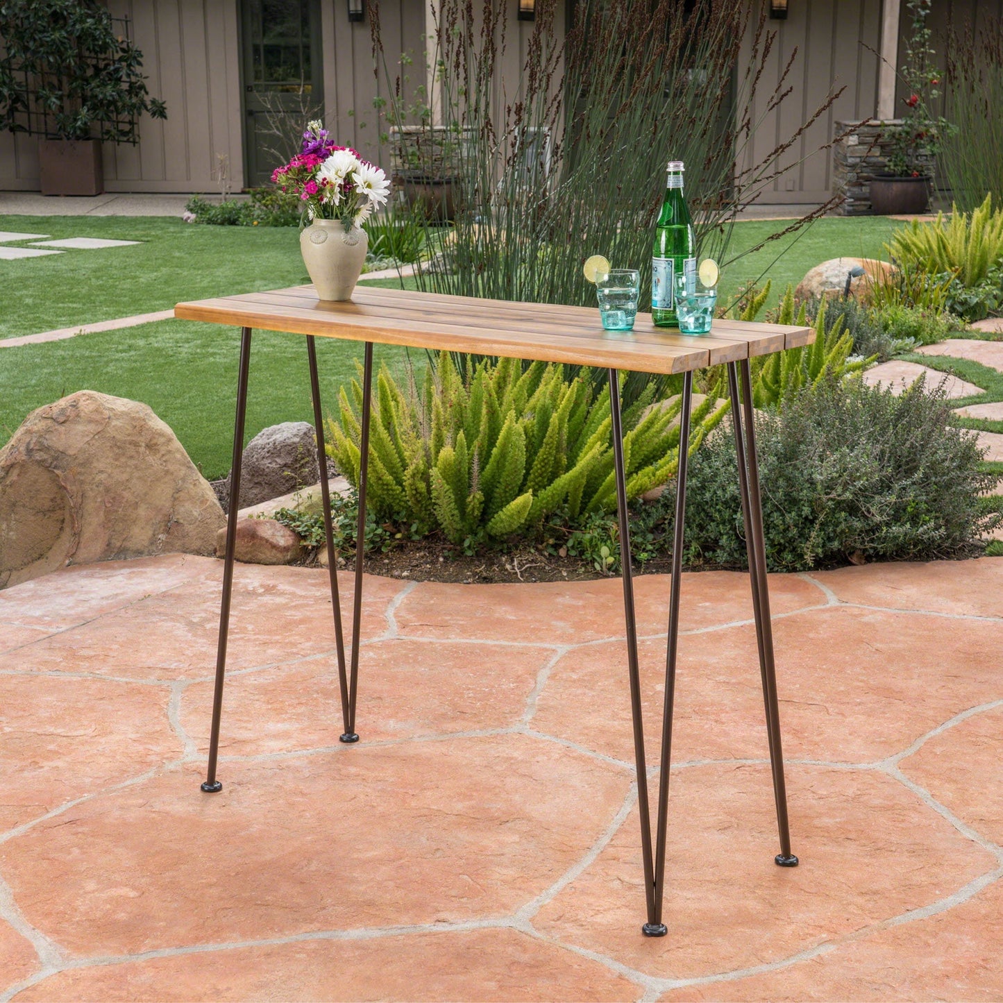 Outdoor Acacia Bar Table and Iron Hairpin Legs