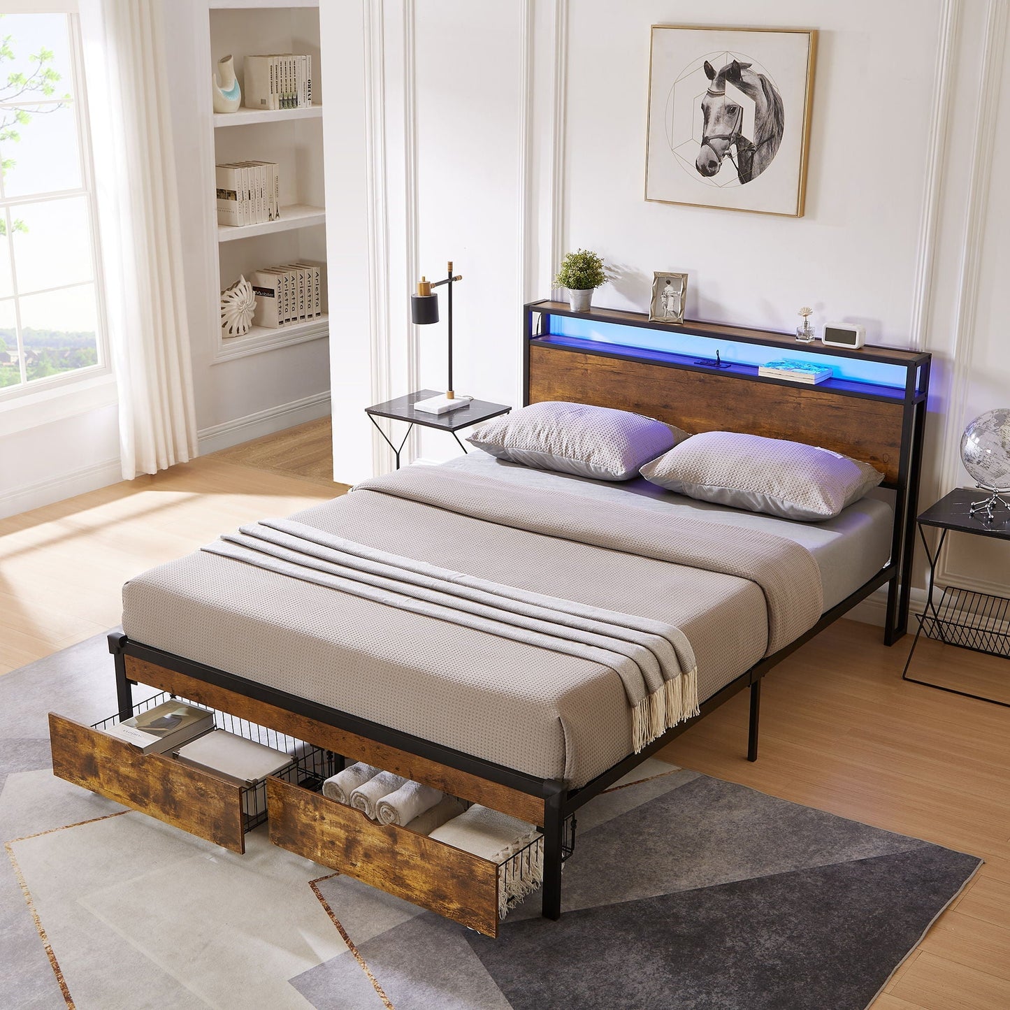 Modern metal bed with led lights and two drawers