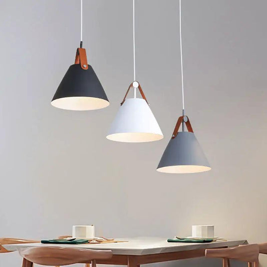 Nordic dining pendant lamp trio with black white gray metal shades and brown leather straps on Tampa Home & Garden Store