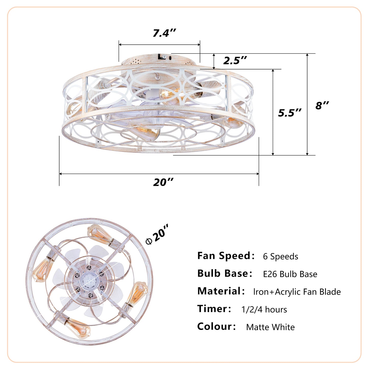20in caged ceiling fan with lights and remote by HouseOfZazla, matte white finish on Tampa Home & Garden Store