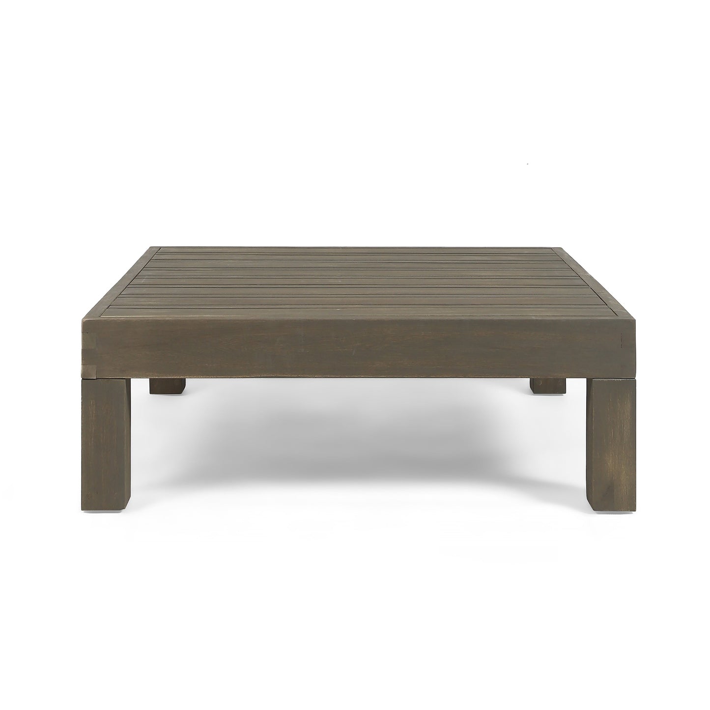 Brown wooden outdoor coffee table with slatted top and sturdy legs on Tampa Home & Garden Store