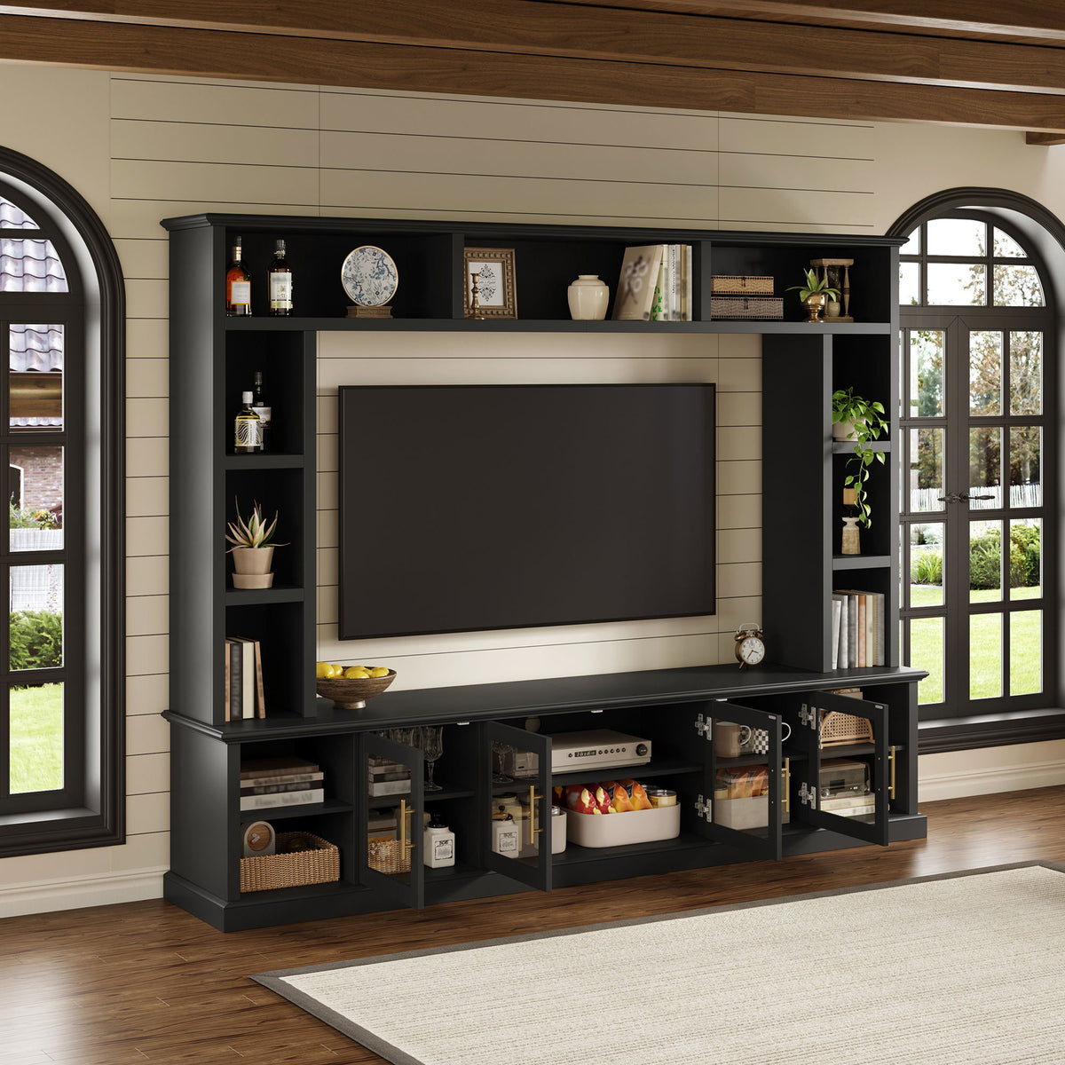All-In-One Entertainment Center with Tempered Glass Doors black finish open shelves and TV panel on Tampa Home & Garden Store