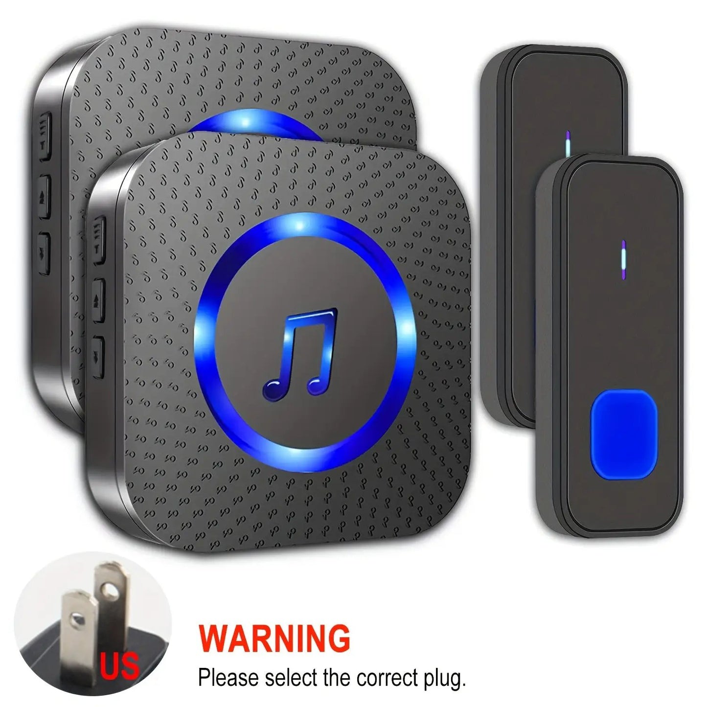 Wireless doorbell system with 2 transmitters and 2 receivers, black with blue LED on Tampa Home & Garden Store