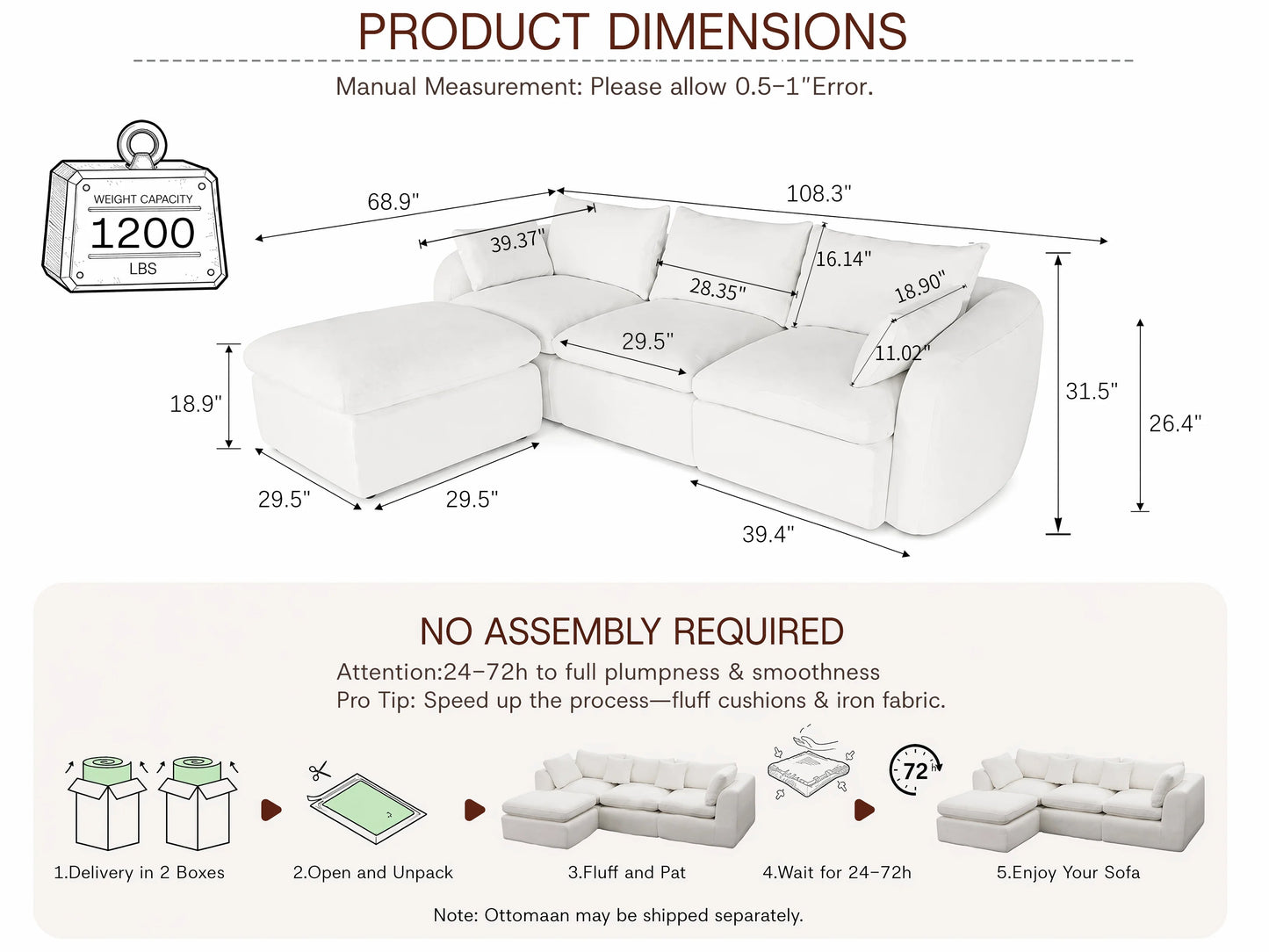 Fully Sponge Compressed Sectional Sofa by HouseOfZazla, white upholstery with chaise on Tampa Home & Garden Store