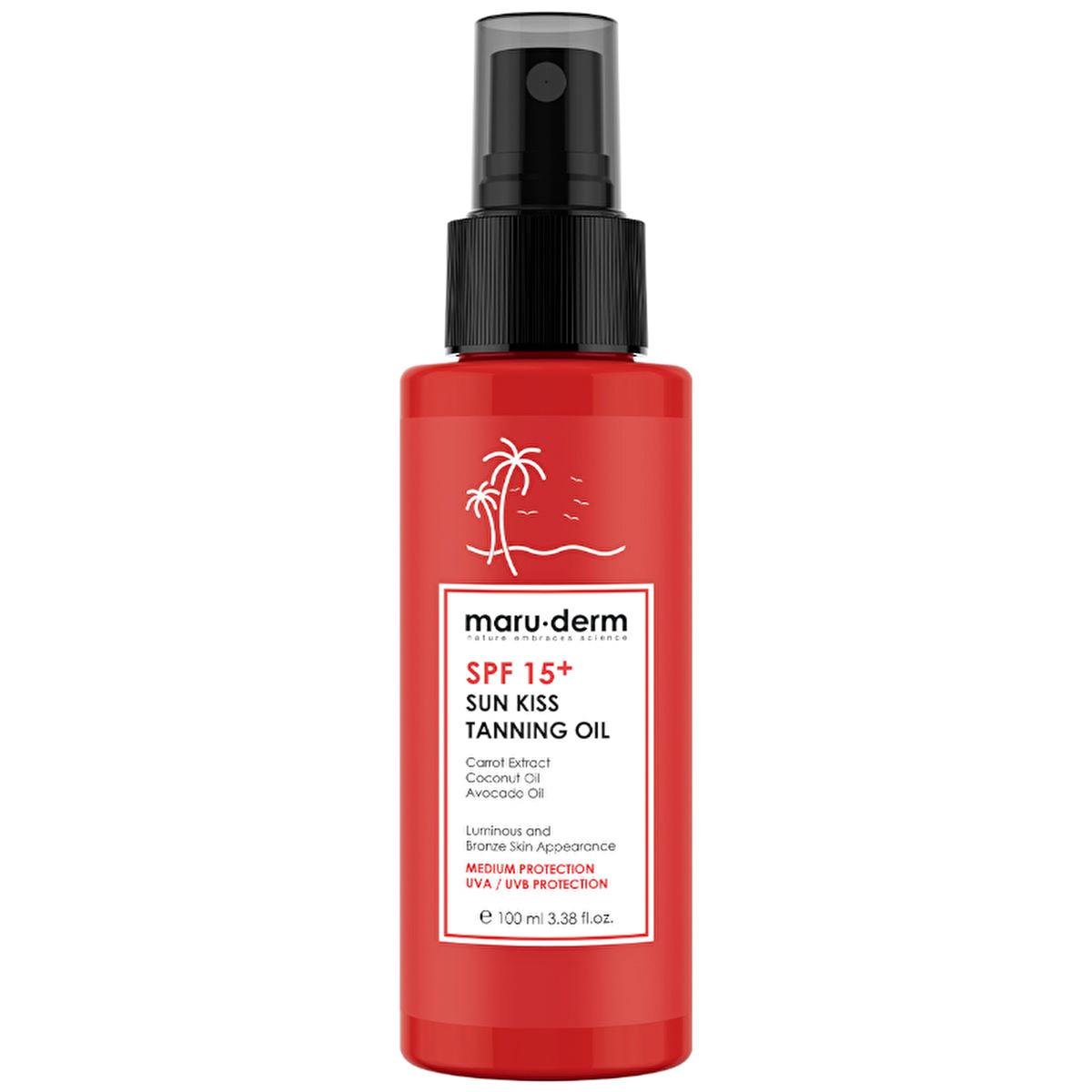Maru•derm Sun Kiss Tanning Oil SPF 15+ red spray bottle palm tree label by Beauty Care Bag on Tampa Home & Garden Store