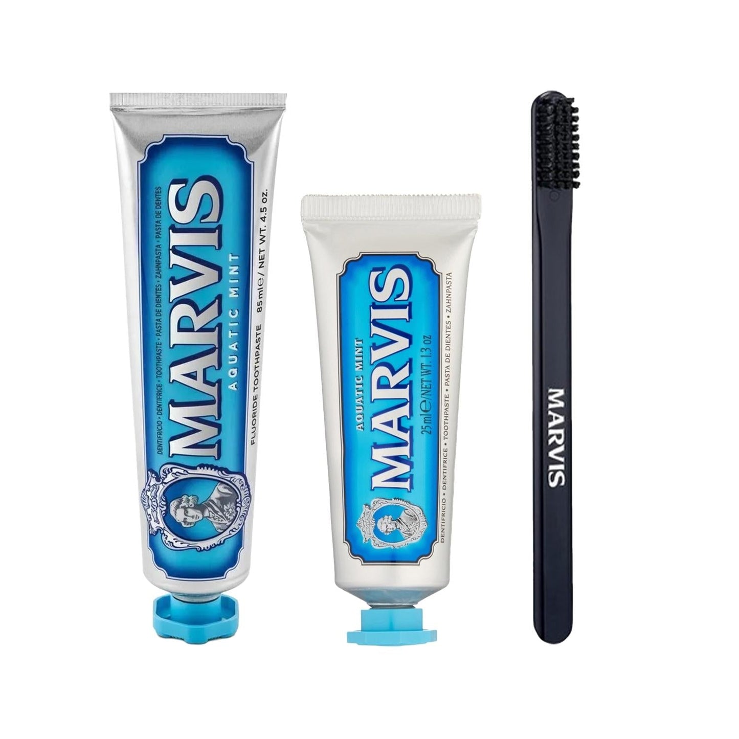 Marvis Aquatic Mint toothpaste set with 85ml + 25ml tubes and black toothbrush on Tampa Home & Garden Store