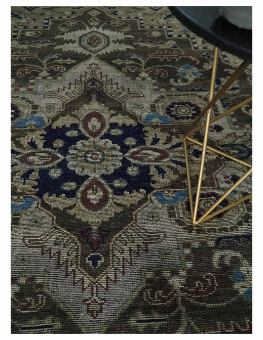 8x10 Antique Brown Beige Blue Medallion Wool Area Rug with traditional medallion pattern on Tampa Home & Garden Store