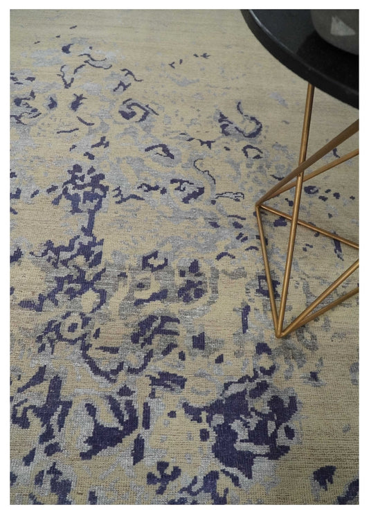 8x10 Beige, Blue and Silver Antique Style, Abstract Hand Knotted Low pile Wool Area Rug - Tampa Home & Garden Store