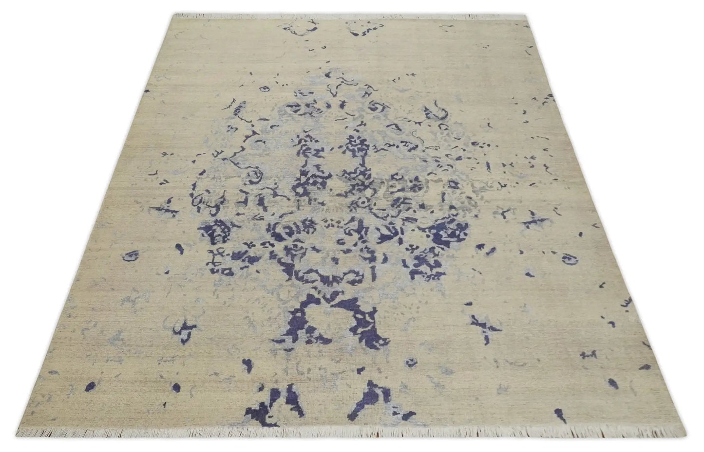 Area Rug 8x10 beige and blue hand-knotted wool with fringe edges on Tampa Home & Garden Store