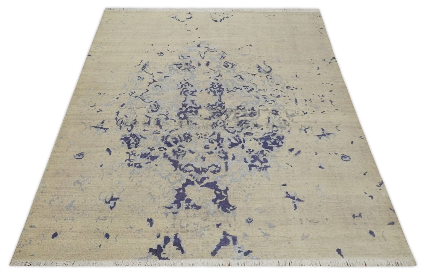 8x10 Beige, Blue and Silver Antique Style, Abstract Hand Knotted Low pile Wool Area Rug - Tampa Home & Garden Store