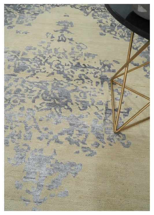 Beige charcoal and silver medallion wool area rug, hand-knotted on Tampa Home & Garden Store