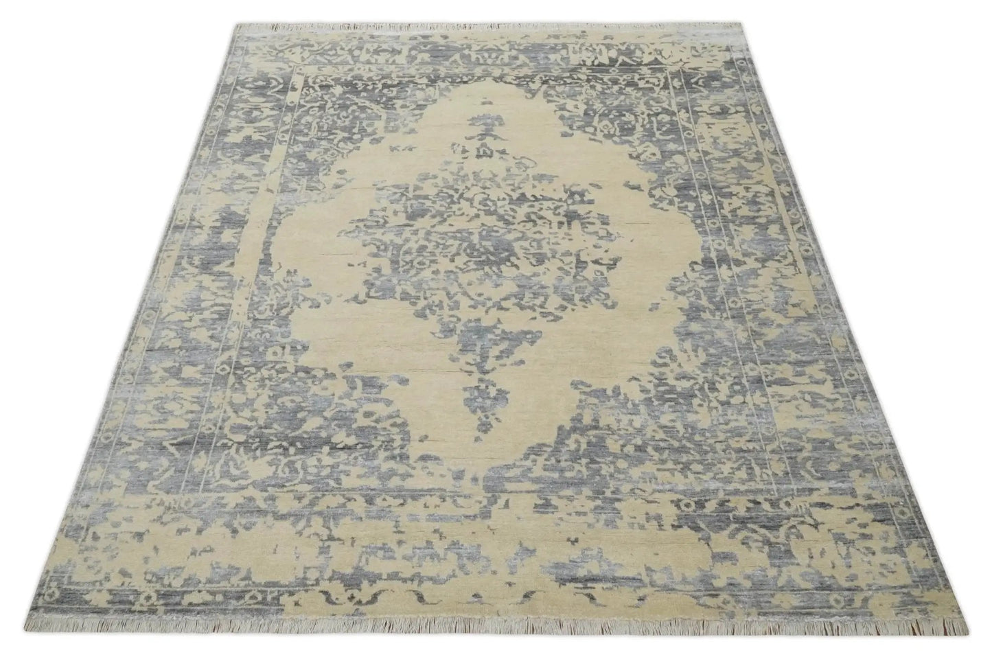 Area rug beige charcoal and silver medallion wool on Tampa Home & Garden Store
