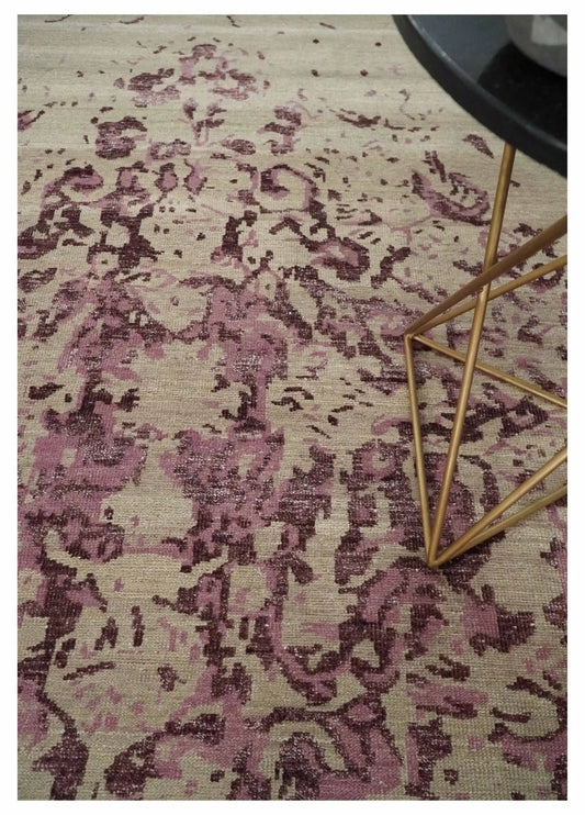 Camel and Purple Antique Hand Knotted Wool Rug 8x10 beige base with purple motifs on Tampa Home & Garden Store
