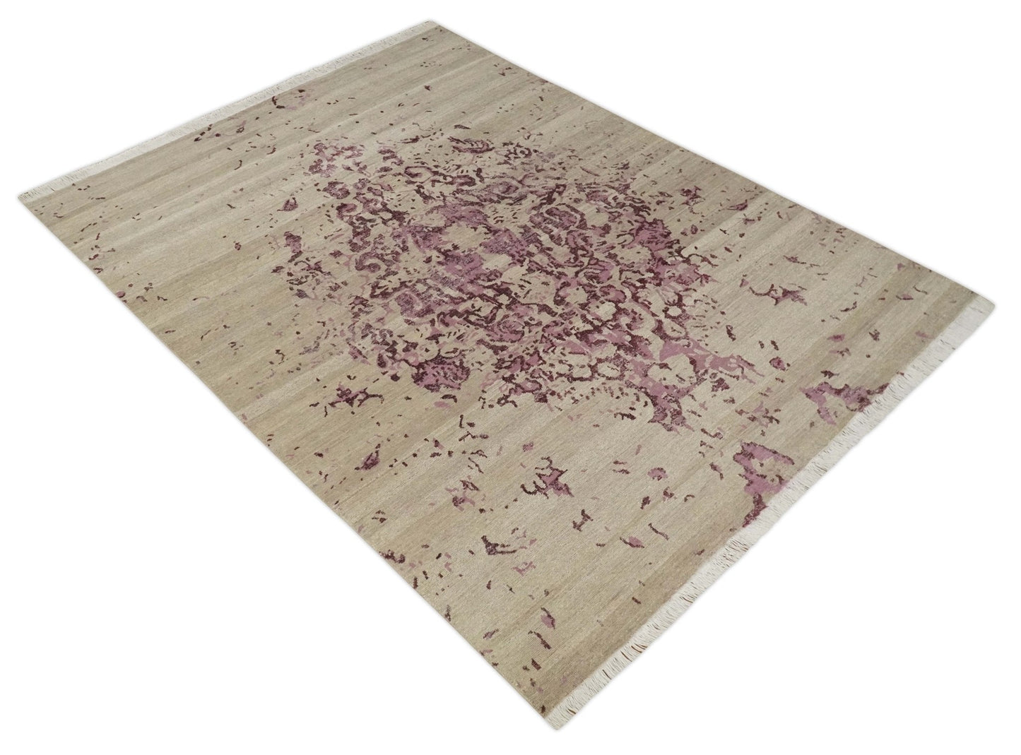 8x10 Camel and Purple Antique Style, Abstract Hand Knotted Low pile Wool Area Rug - Tampa Home & Garden Store