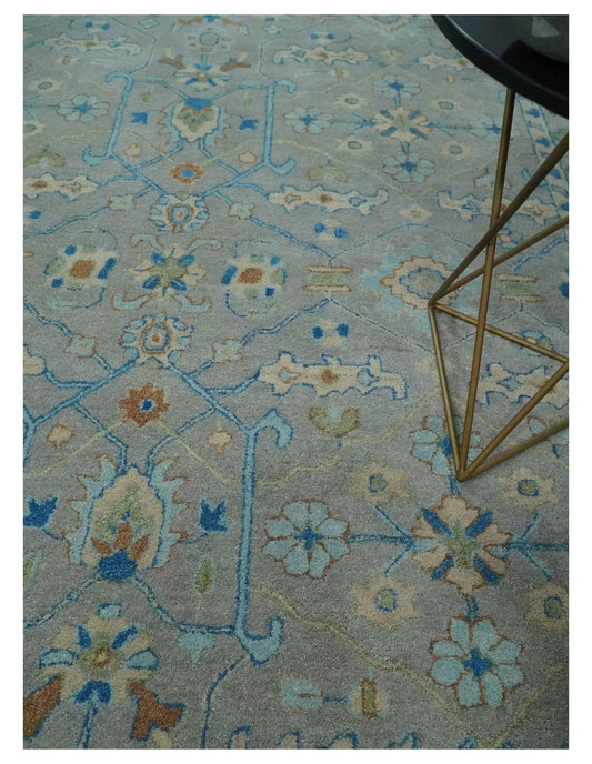 8x10 Hand Tufted Wool Area Rug Gray Beige Blue Herati pattern on Tampa Home & Garden Store