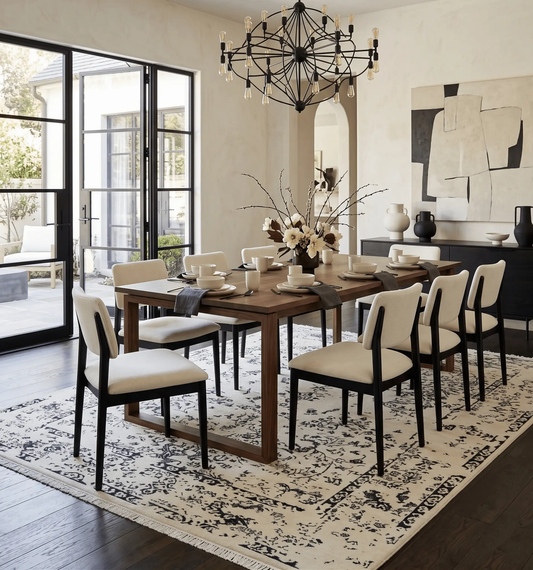 8x10 Fine Hand Knotted Beige and Black Wool Rug, neutral area rug for dining room on Tampa Home & Garden Store