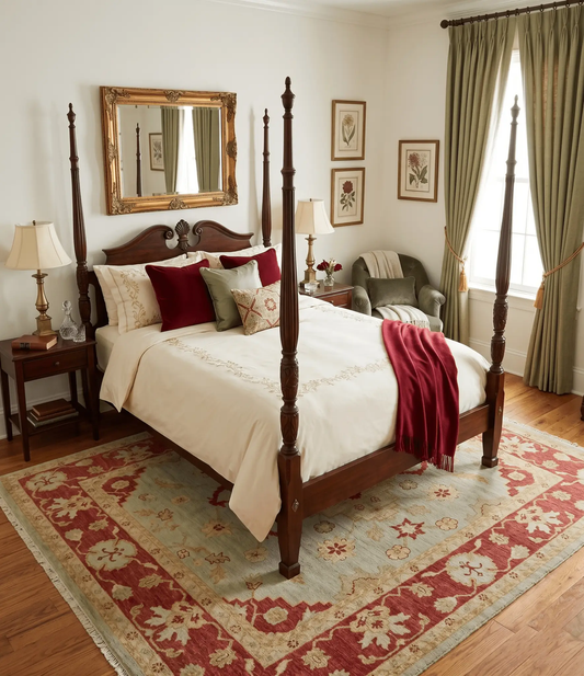 8x10 hand-knotted beige and rust Persian rug in a traditional bedroom under a four-poster bed on Tampa Home & Garden Store