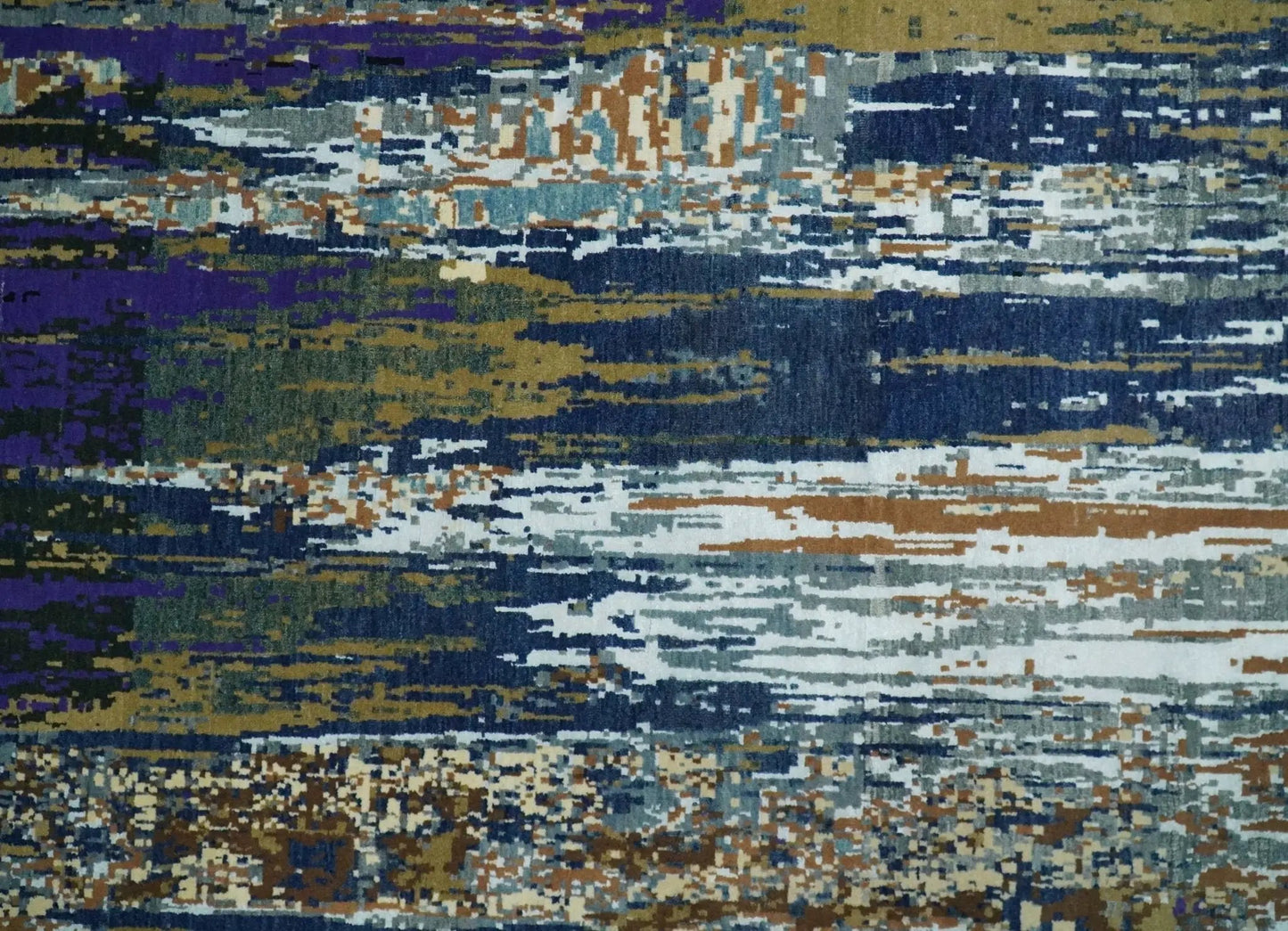 8x10 Modern Hand Knotted Wool and Bamboo Silk Area Rug in abstract blue purple tan hues on Tampa Home & Garden Store