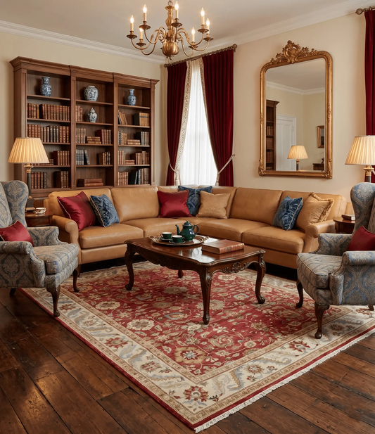 8x10 hand knotted rust and ivory Persian wool rug in a traditional living room setting on Tampa Home & Garden Store