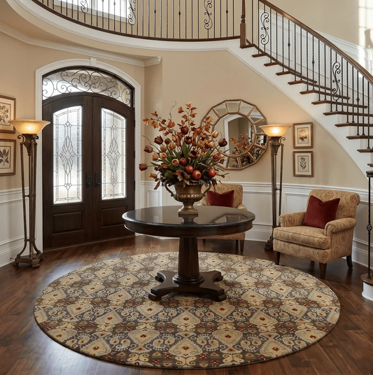 Round Fine Hand Knotted Persian Wool Rug brown beige traditional pattern 8x8 on Tampa Home & Garden Store