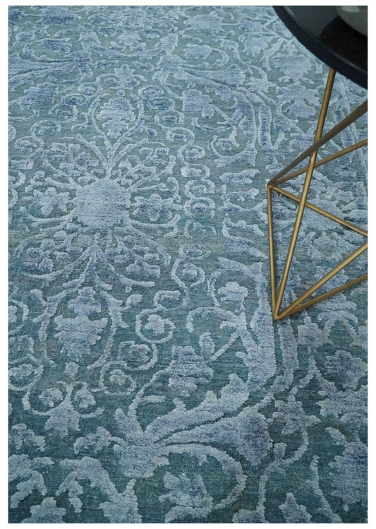 8x9.7 Blue Antique Style, Distressed Finish Hand Carved Traditional Medalian Hand Knotted Wool and Silk Rug - Tampa Home & Garden Store