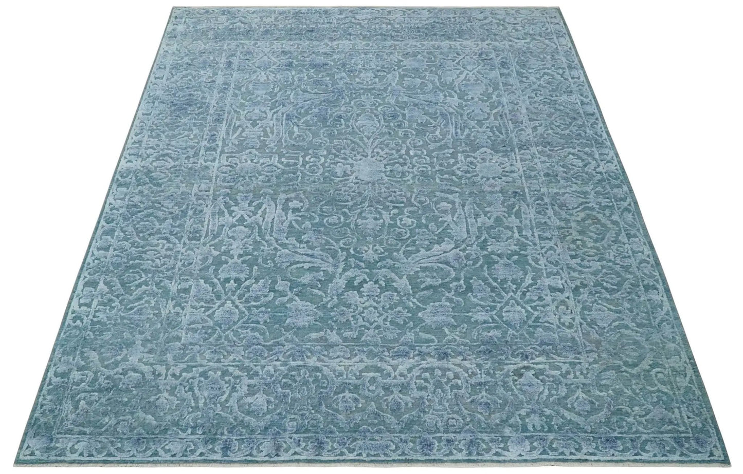 Blue antique style hand knotted wool and silk area rug, 8x9.7 ft, The Rug Decor on Tampa Home & Garden Store