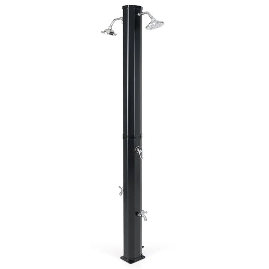9.3 Gallon Solar Outdoor Shower with Dual Heads on a black vertical post on Tampa Home & Garden Store