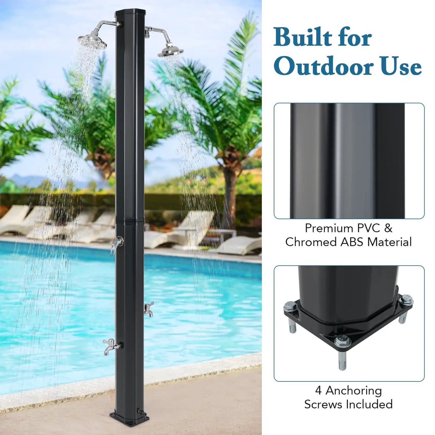 9.3 Gallon Solar Outdoor Shower with Dual Heads, black PVC and chromed ABS, DirectDeals unit on Tampa Home & Garden Store