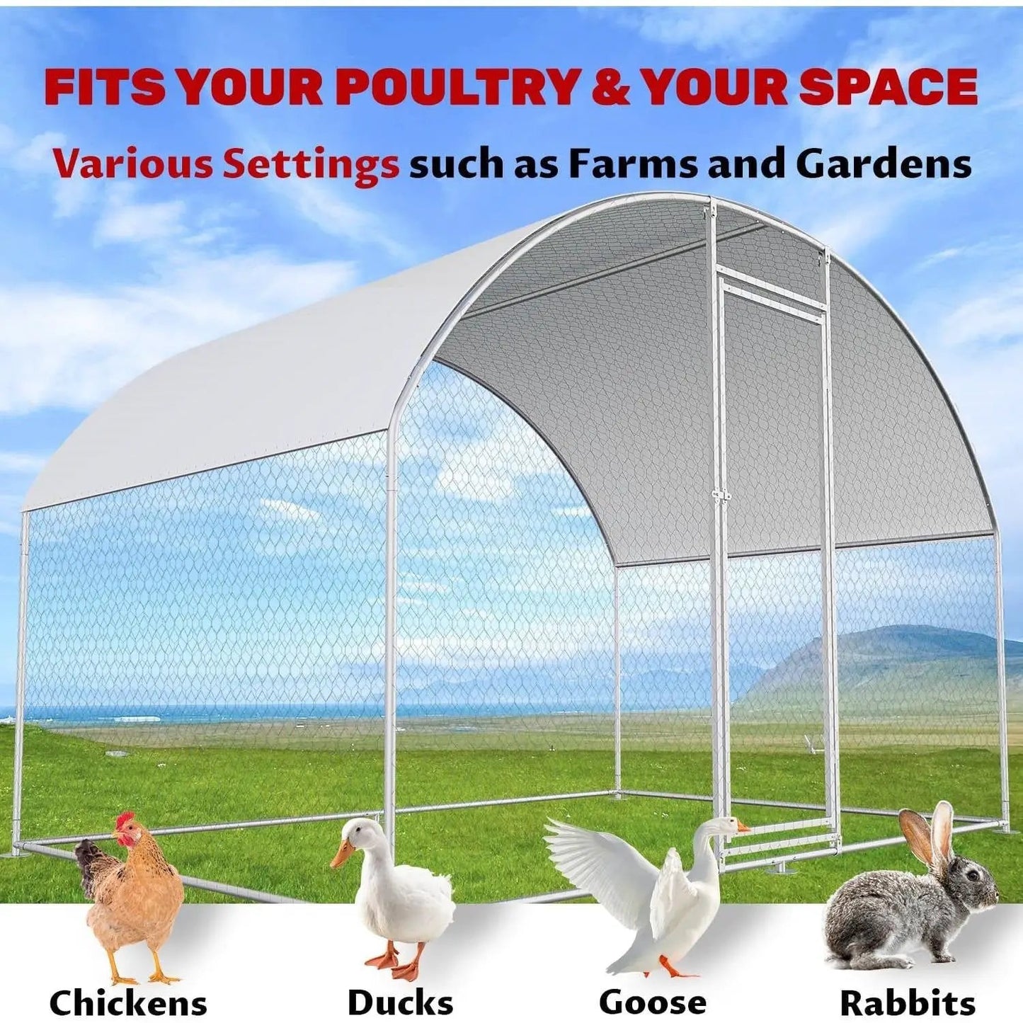 Outdoor Metal Chicken Coop with Dome Roof, 9.8 ft, frame and chain-link panels by HomePacific on Tampa Home & Garden Store