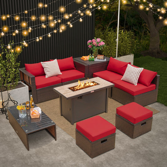 9 Pieces Outdoor Patio Furniture Set with 42 Inch Propane Fire Pit Table-Red - Tampa Home & Garden Store