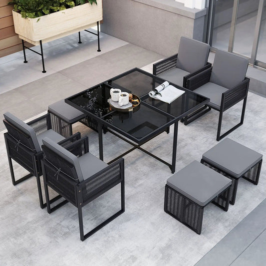 9 Pieces Patio Dining Set with Cushions for Yard Garden-Gray - Tampa Home & Garden Store