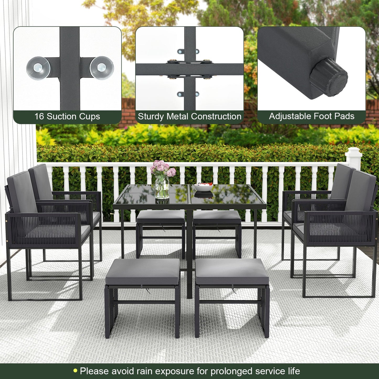 9 Pieces Patio Dining Set with Cushions for Yard Garden-Gray - Tampa Home & Garden Store