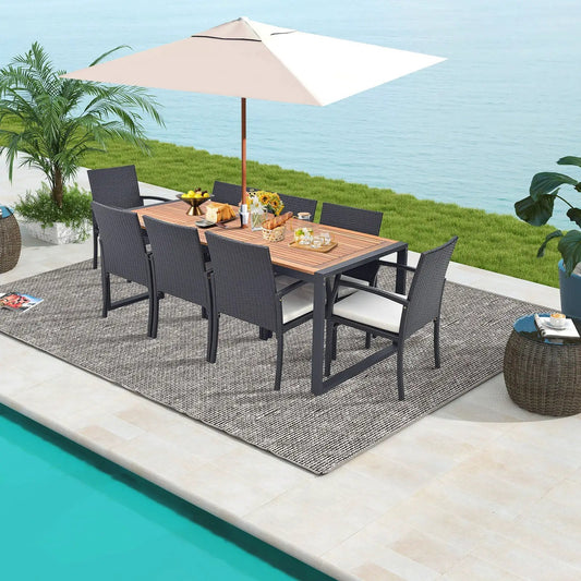 9 Pieces Patio Rattan Dining Set with Acacia Wood Table for Backyard Garden-L-shaped Handrail - Tampa Home & Garden Store