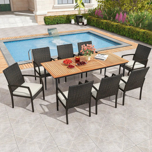 9-Piece Patio Dining Set with Umbrella Hole and 8 Rattan-woven Dining Chairs with Seat Cushions - Tampa Home & Garden Store