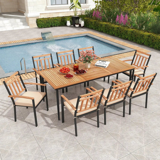 9-Piece Patio Dining Set with 8 Wooden Armchairs, beige cushions, black metal frames on Tampa Home & Garden Store