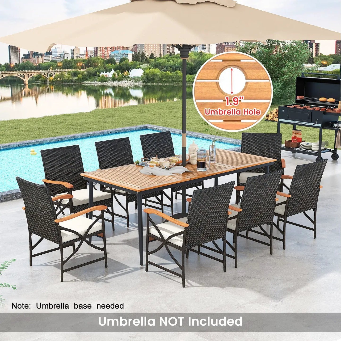 79 Inch Outdoor Acacia Wood Dining Table and 8 Rattan-woven Dining Chairs with Umbrella Hole - Tampa Home & Garden Store