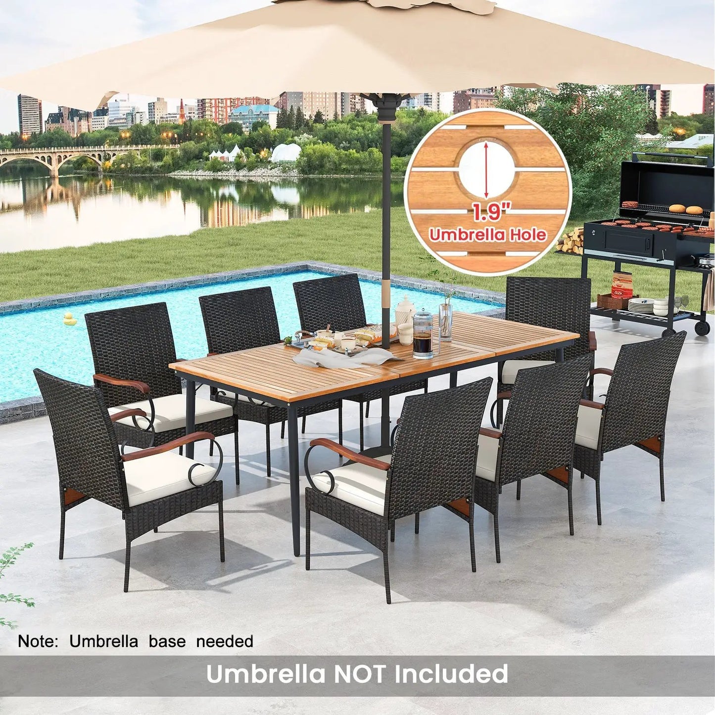 79 Inch Outdoor Dining Table and 8 Rattan-woven Dining Chairs with Acacia Wood Tabletop - Tampa Home & Garden Store