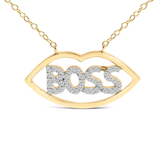 Collier en Argent Plaqué Or Jaune 14 carats avec Pendentif "Boss" serti de Diamants 0,25 ct - 45,7 cm