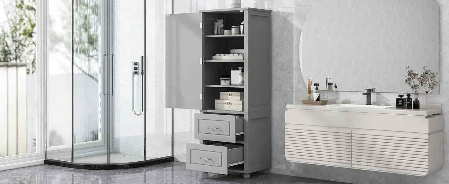 Tall gray bathroom storage cabinet freestanding with open upper shelves and two drawers on Tampa Home & Garden Store
