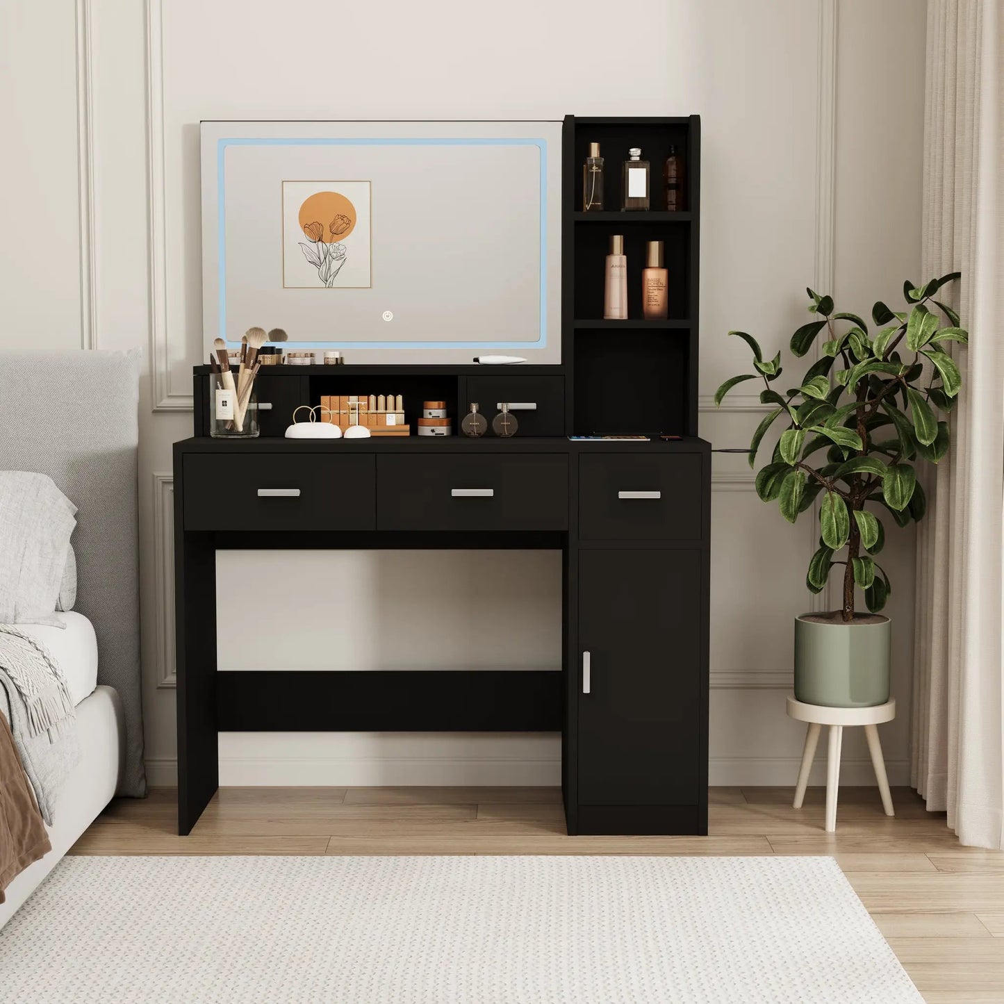 Smart Mirror Dressing Table with Drawers in black with a blue-framed mirror and makeup storage on Tampa Home & Garden Store