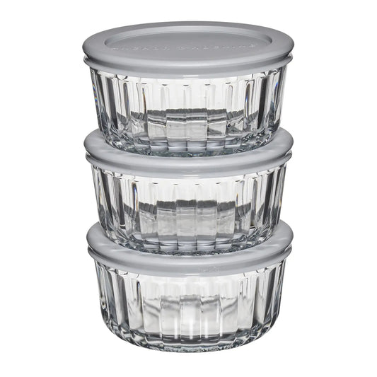 Anchor Hocking glass storage containers with gray snug-fit lids set stackable on Tampa Home & Garden Store