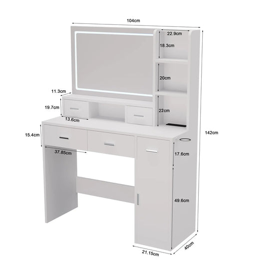Smart Mirror Dressing Table With Storage white finish makeup vanity with side shelves on Tampa Home & Garden Store