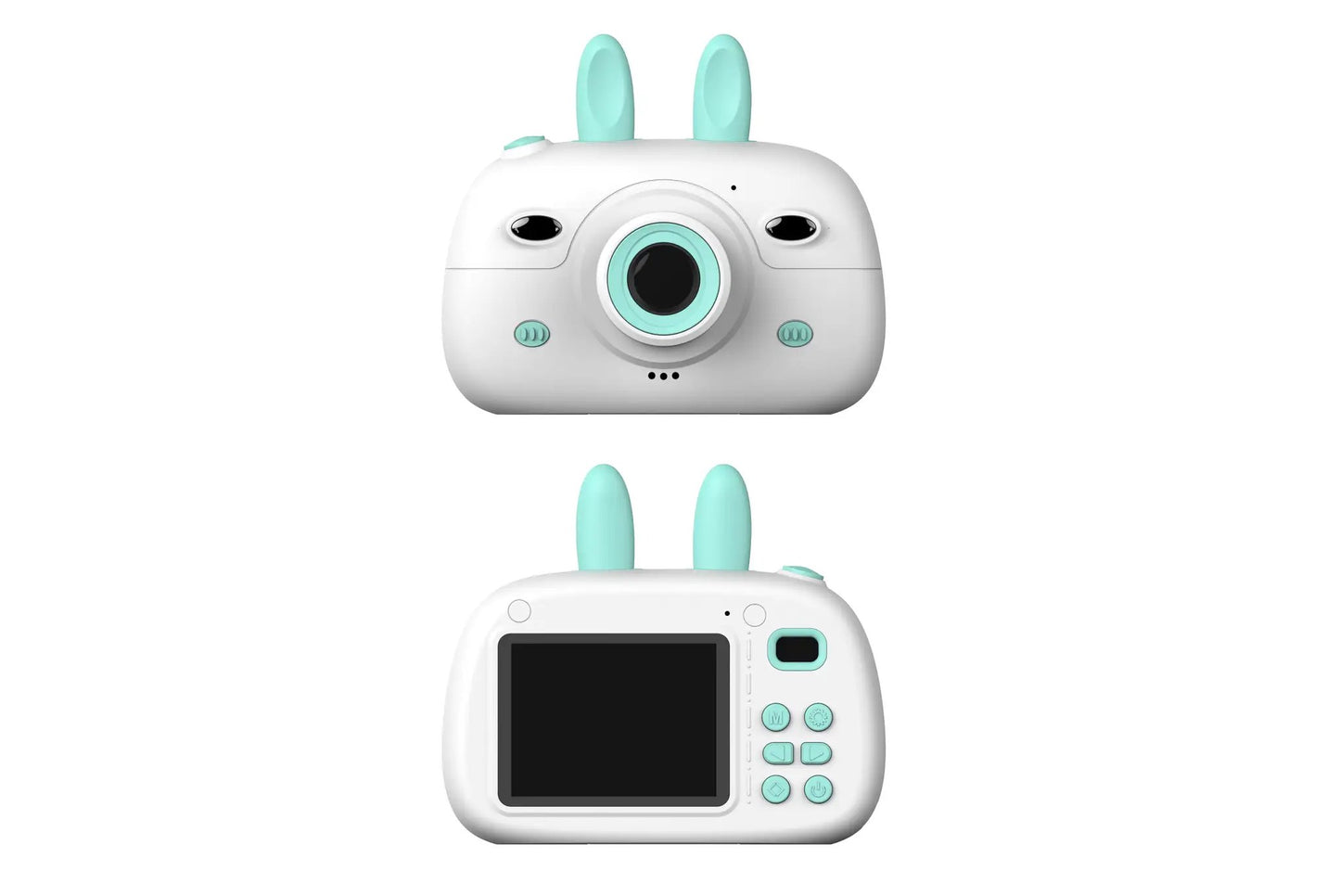 Kids Camera Rabbit Ears dual lens toy camera, white body with turquoise bunny ears on Tampa Home & Garden Store