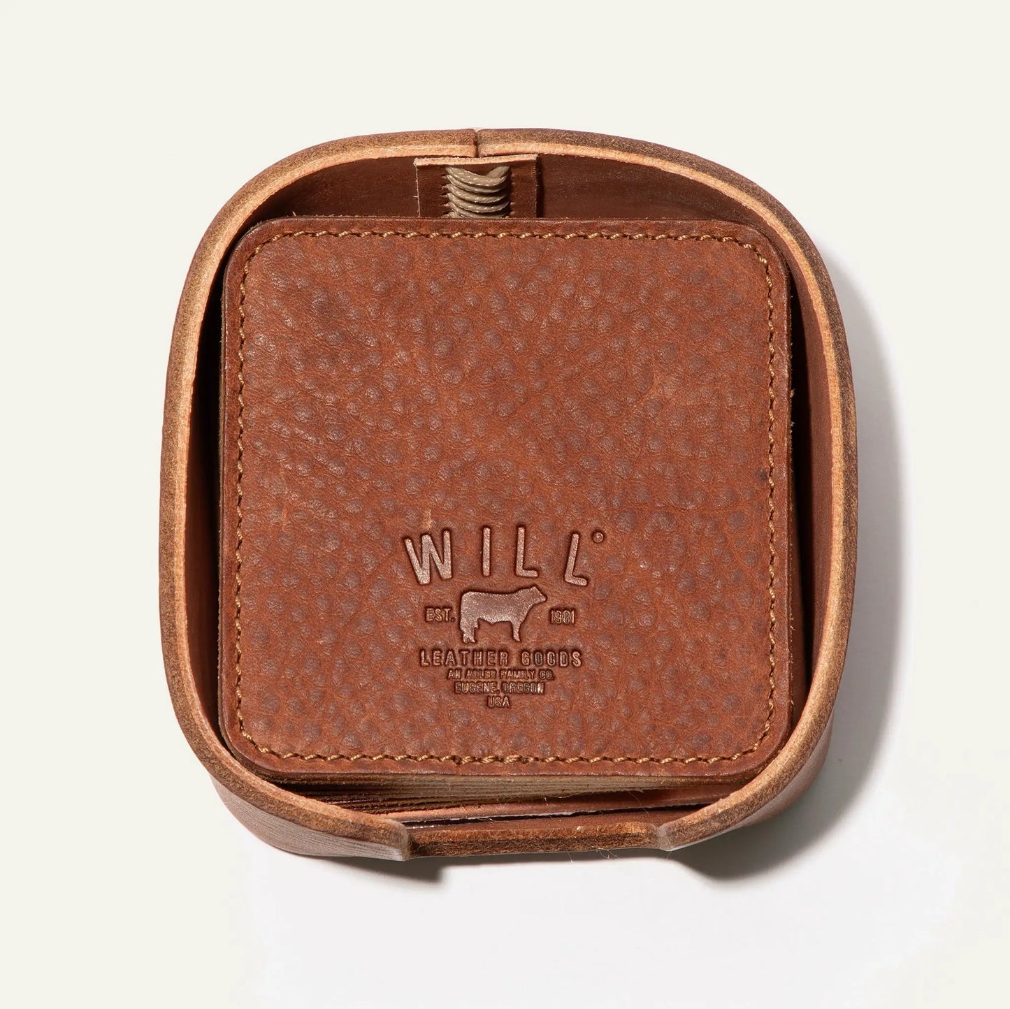 Leather coaster set case in brown pebbled leather with stamped logo by Will Leather Goods on Tampa Home & Garden Store