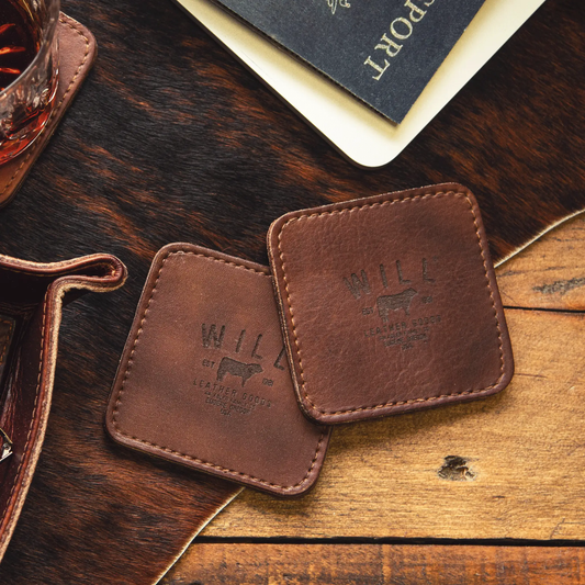 Leather Coaster Set with eight brown leather coasters and Will Leather Goods branding on Tampa Home & Garden Store