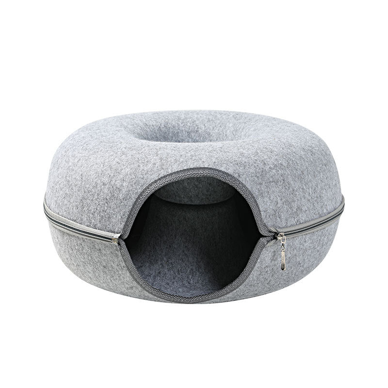 Round grey felt cat nest tunnel with zippered edge and inner cavity, Sell My Stuff cat tunnel toy on Tampa Home & Garden Store