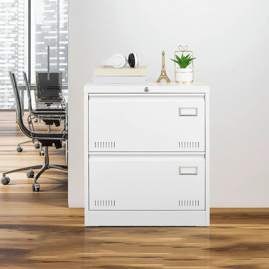 White metal locking 2-drawer horizontal filing cabinet in chic office with headphones and books on Tampa Home & Garden Store